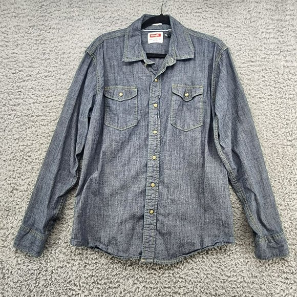 Wrangler Other - Wrangler Shirt Mens L Indigo Blue Chambray Pearl Snap Long Sleeve Pockets